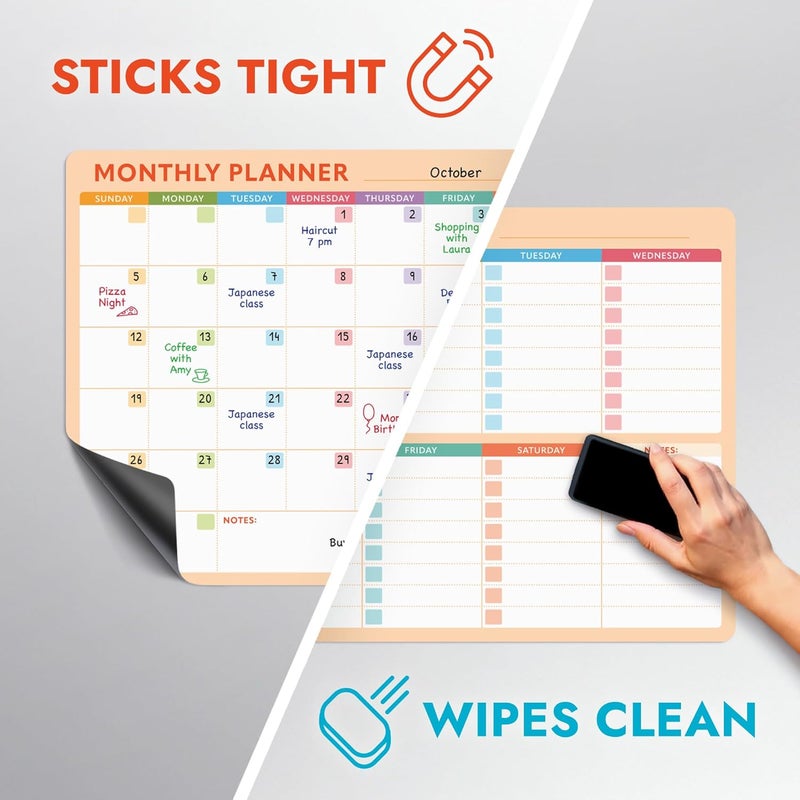 Beech & Lambert Magnetic Whiteboard Calendar for Fridge – 2-Pack Monthly & Weekly Planners (14”x12”) – Dry Erase Boards with Notes Section, Shaded Dates – Includes 4 Markers & Magnetic Eraser - Image 4